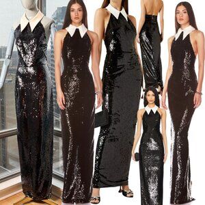 🆕 BRONX & BANCO 🧿 NWOT Wednesday Black Sequin Halterneck Maxi Gown Sz L US 8